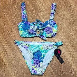 No Boundaries Blue and Purple Leaf Print Bikini small top medium bottoms